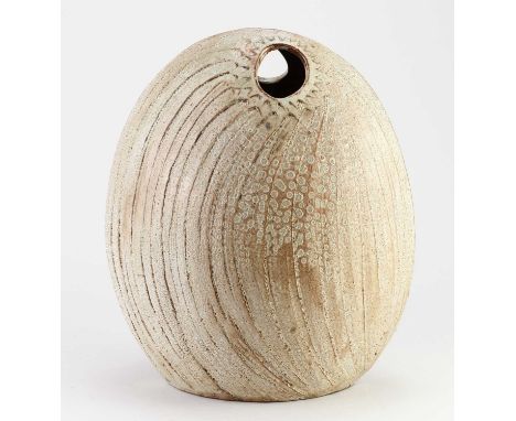 † JOHN VIRANDO for Briglin Pottery; a red earthenware sculptural form covered in oatmeal glaze with incised decoration, incis