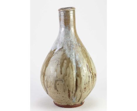 JIM MALONE (born 1946); a large stoneware Korean bottle covered in green ash glaze with chun pours and incised decoration, im