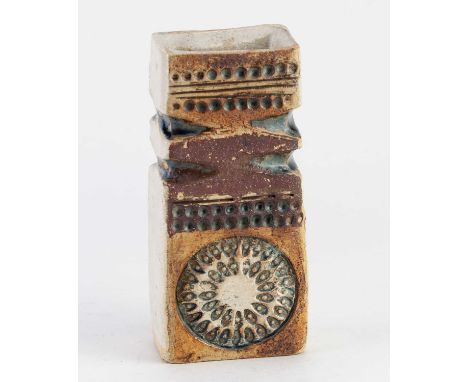 † ALAN WALLWORK (1931-2019); a rectangular stoneware totem vase with impressed decoration partially picked out in turquoise g