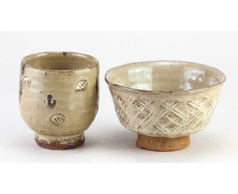 JIM MALONE (born 1946); a stoneware chawan covered in nuka glaze with paddled decoration, impressed JM and L (for Lessonhall)