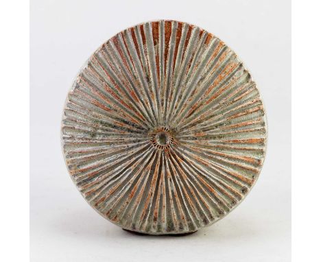 † ALAN WALLWORK (1931-2019); a stoneware seed pod form with incised radiating decoration partially picked out in green glaze 