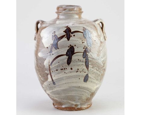 JIM MALONE (born 1946); a lugged stoneware bottle partially covered in brushed slip with iron decoration, impressed JM and L 