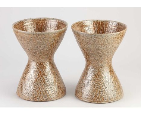 † SARAH WALTON (born 1945); a pair of salt glazed hour glass vases with incised decoration, impressed SW marks, made circa 19