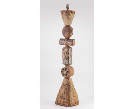 † BERNARD ROOKE (born 1938); a very tall stoneware sculptural totem lamp base comprising six sections, height 96.5cm (excludi