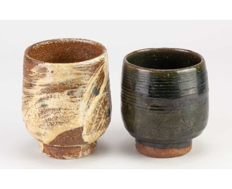 † WILLIAM MARSHALL (1923-2007); a stoneware yunomi partially covered in brushed slip with copper green spots, impressed WM, h