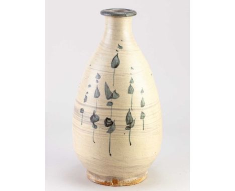 † JIM MALONE (born 1946); a tall stoneware bottle covered in hakeme slip with cobalt decoration, impressed JM and A (for Ains