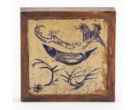 Leach Pottery; a square stoneware tile decorated with a fish, painted pottery mark and impressed pottery marks verso, 10 x 10