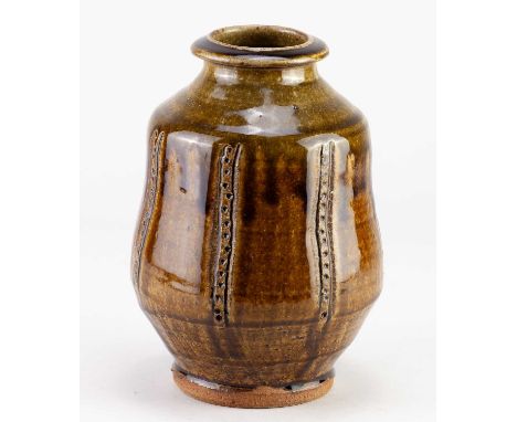 † MIKE DODD (born 1943); a stoneware vase covered in granite glaze with green ash top and impressed and incised decoration, i