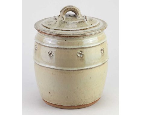 JIM MALONE (born 1946); a stoneware jar and cover covered in nuka glaze with impressed decoration, impressed JM and L (for Le