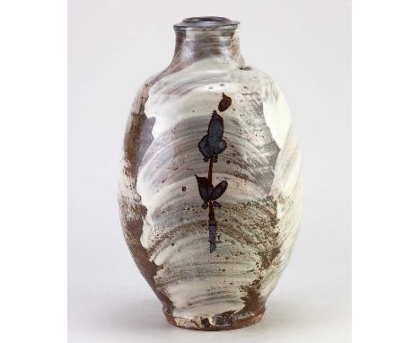 JIM MALONE (born 1946); a stoneware bottle partially covered in brushed slip with iron decoration, impressed JM and L (for Le