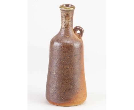 † JOHN LEACH (1939-2021) for Muchelney Pottery; a stoneware flask with toasted unglazed exterior and green ash and kaki rim, 