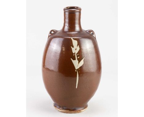 † JIM MALONE (born 1946); a lugged stoneware bottle covered in kaki glaze with wax resist decoration, impressed JM and L (for