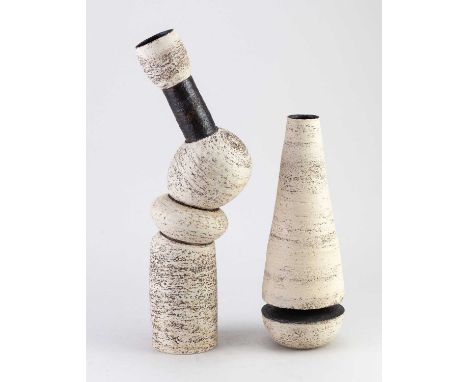 † DAMEON LYNN (born 1972); two stoneware composite forms in the manner of Hans Coper, impressed marks, tallest 36cm (2).Condi