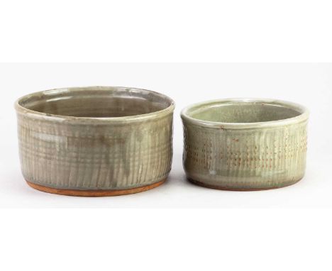 † MICHAEL CARDEW (1901-1983) for Wenford Bridge Pottery; a fluted stoneware baking dish covered in green ash glaze, impressed