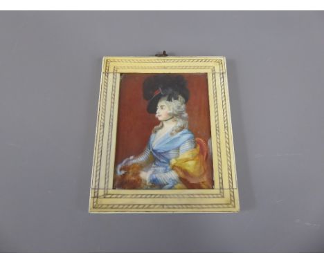 An Antique Hand-Painted Miniature Portrait of a Noble Woman, presented in an ivorine frame, approx 6 x 8 cms. (io)