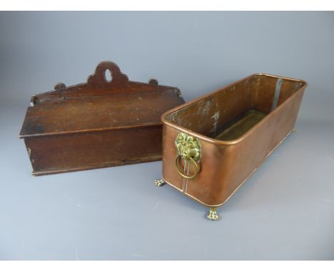 An Antique Rectangular Copper and Brass Planter on feet with lion mask handles, approx 46 x 16 x 15 cms, together with a wood