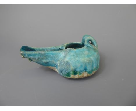An Antique Persian/Iranian Ceramic Turquoise Oil Lamp, with polygonal body and flattened rectangular nozzle, approx 5.5 x 12 