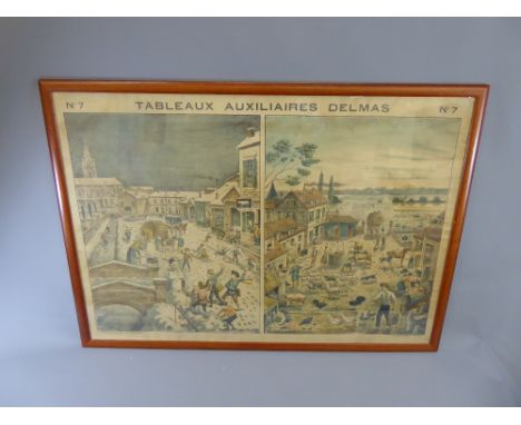 A Large Coloured Print depicting two Dutch scenes, one Winter, the second Summer entitled 'Tableaux Auxiliaires Delmas' No. 7