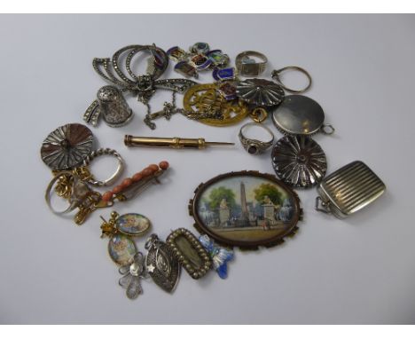 An 18ct gold toothpick (af) together with a quantity of silver, including a thimble, pendant, silver and marcasite brooch, fi