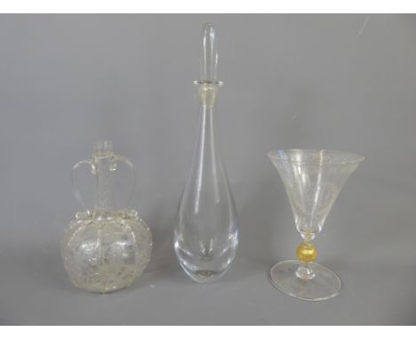 Antique Glass, including a delicate hand blown-bottle decanter, Whitefriars Commemorative glass and a contemporary decanter a