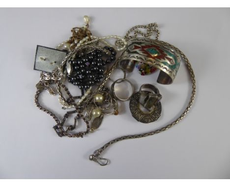 Miscellaneous Silver Jewellery, including a turquoise Mexican cuff bangle, millefiori heart shaped pendant on a silver chain,