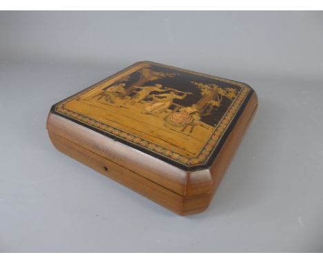An Italian Olive Wood Inlaid Trinket Box with 'Bellagio' inscribed to front of the lid, depicting dancing figures, approx 20 