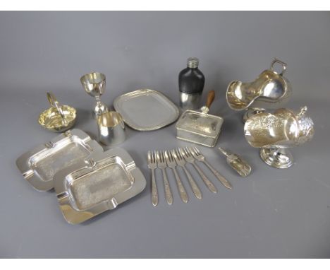 Miscellaneous Silver Plate, including a muffin dish, two scoops, tot measure, bon bon dish, two ash trays, sugar bowl and sco