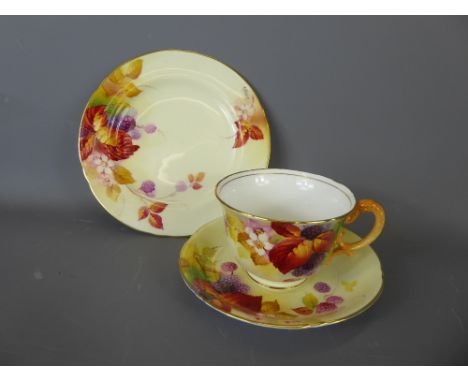 Royal Worcester Breakfast Set, comprising cup, saucer and plate, hand painted by Kitty Blake, depicting black berries, blosso