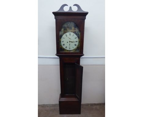 An Antique Mahogany Long Case Clock, with enamel hand painted face, Roman numerals with second and date dial, complete with w