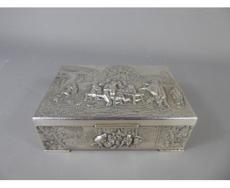 A Dutch Silver Trinket Box, the hinged lid depicting a tavern scene in relief, approx 14 x 10 x 4.5 cms, approx 304 gms, vari