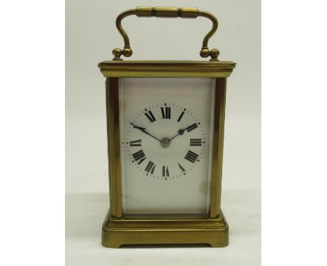 20th Century French brass carriage clock, gorge case with visible cylinder escapement, white enamel Roman dial, two train mov