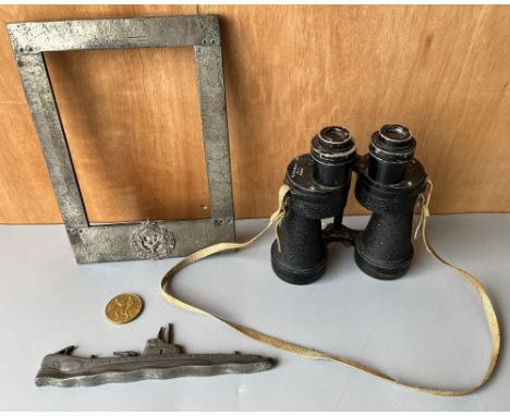 WWII cast metal folk art battleship, L22cm; British military-issue broad arrow stamped binoculars, MKIV no. 8011; hammered pe