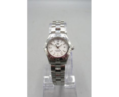 Tag Heuer 300m Aquaracer, ladies stainless steel quartz wristwatch with date on matching bracelet with signed deployment clas