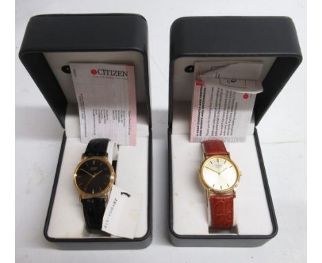 Citizen AM1902-31E gold plated quartz wristwatch on black leather strap, signed black dial with baton indices and centre seco