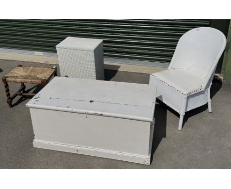 White wicker chair, similar Lloyd Loom linen basket, oak stool with rush seat, and a pine blanket box, max. W95cm H81cm Shipp