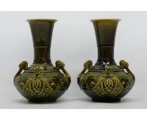 Pair of Sarreguemines Art Nouveau French Majolica Vase's, circa 1930, external green and internal light blue glaze, H22.5cmSh