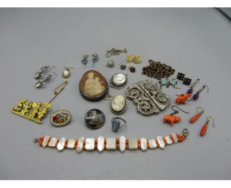 Cameo brooch depicting madonna and child, two more cameos and a collection of jewellery including enamel earrings, coral elep