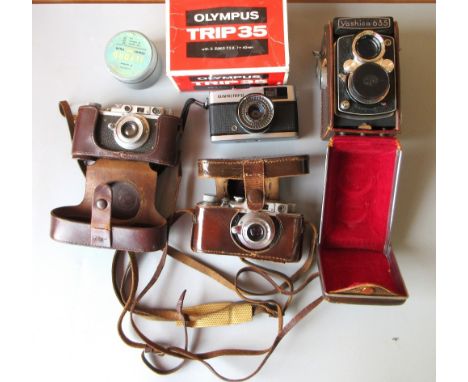 Yashica-635, copal-mxv, with leather case; Olympus Trip 35 with D ZUIKO F2.8 f=40mm, with original box; Zorki 1 film camera, 
