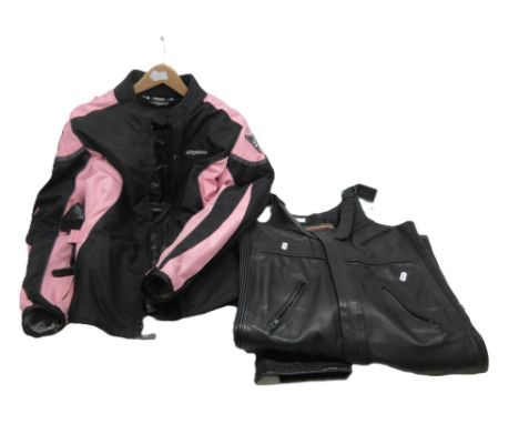 RK Sport pink leather biker jacket (size 3XL) with trousers; Proto leather biker jumpsuit (size 46); vintage Tog 24 raincoat 
