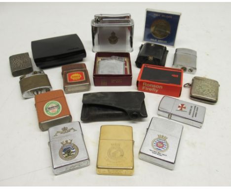 Zippo brass lighter, Royal Navy interest, H.M.S. Ambuscade, Type 21 frigate; two Zippo stainless steel lighters, Royal Navy i