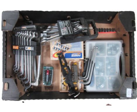 Large assortment of workshop tools and supplies, including a Record no. 1048 plane with original box, screwdrivers, drill bit