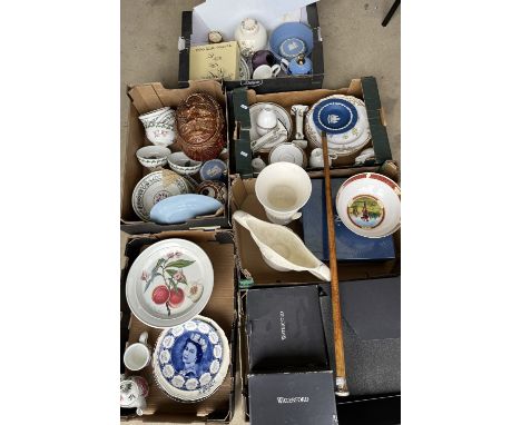 Silver mounted walking cane, and a collection of various ceramics and glassware, incl. Spode Velamour mantle vase, large whit