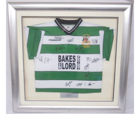 Framed Multi-Signed Bradford FC shirt, with small plaque 'Presented to Artisan Security Doors Match Sponsor Bradford (Park Av