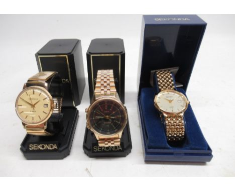 Sekonda gold plated wristwatch alarm on matching bracelet with deployment clasp, signed black dial with baton indices and cen