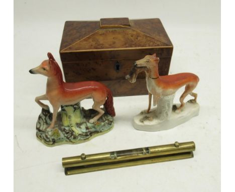 Early 19th century burr walnut sarcophagus tea caddy, box wood stringing and brass drop handles, L19cm; two Staffordshire gre