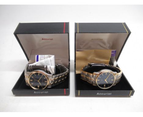Accurist stainless steel and gold plated quartz wristwatch with date, signed blue sunburst dial with baton indices and centre