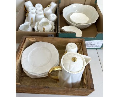 Collection of Shelley Dainty white teaware with gold accents, incl. coffee pot, cups and saucers, plates, etc. (3 boxes)Shipp