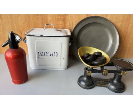 Collection of vintage kitchenalia - pewter charger, enamel bread bin, 'The Viking' scales, and a soda siphon (4)Shipping POA 