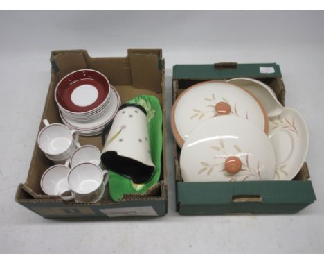 Assortment of collectable ceramics; Susie Cooper C1960s 'Orchid and Maroon' six-cup coffee set; Beswick celery dish; Pair of 