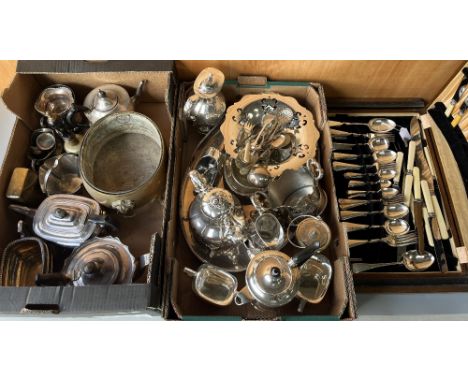 Two boxes of mixed metalware incl. silver plate, and a canteen of cutleryShipping POA https://www.bradleys.ltd/quotation-requ